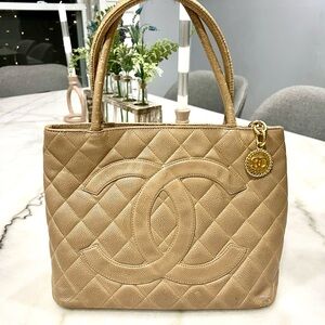 Classic Chanel medallion tan lamb skin tote bag